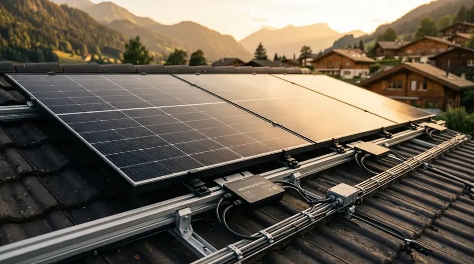 Toiture solaire avec detail materiel micro-onduleur en environnement suisse