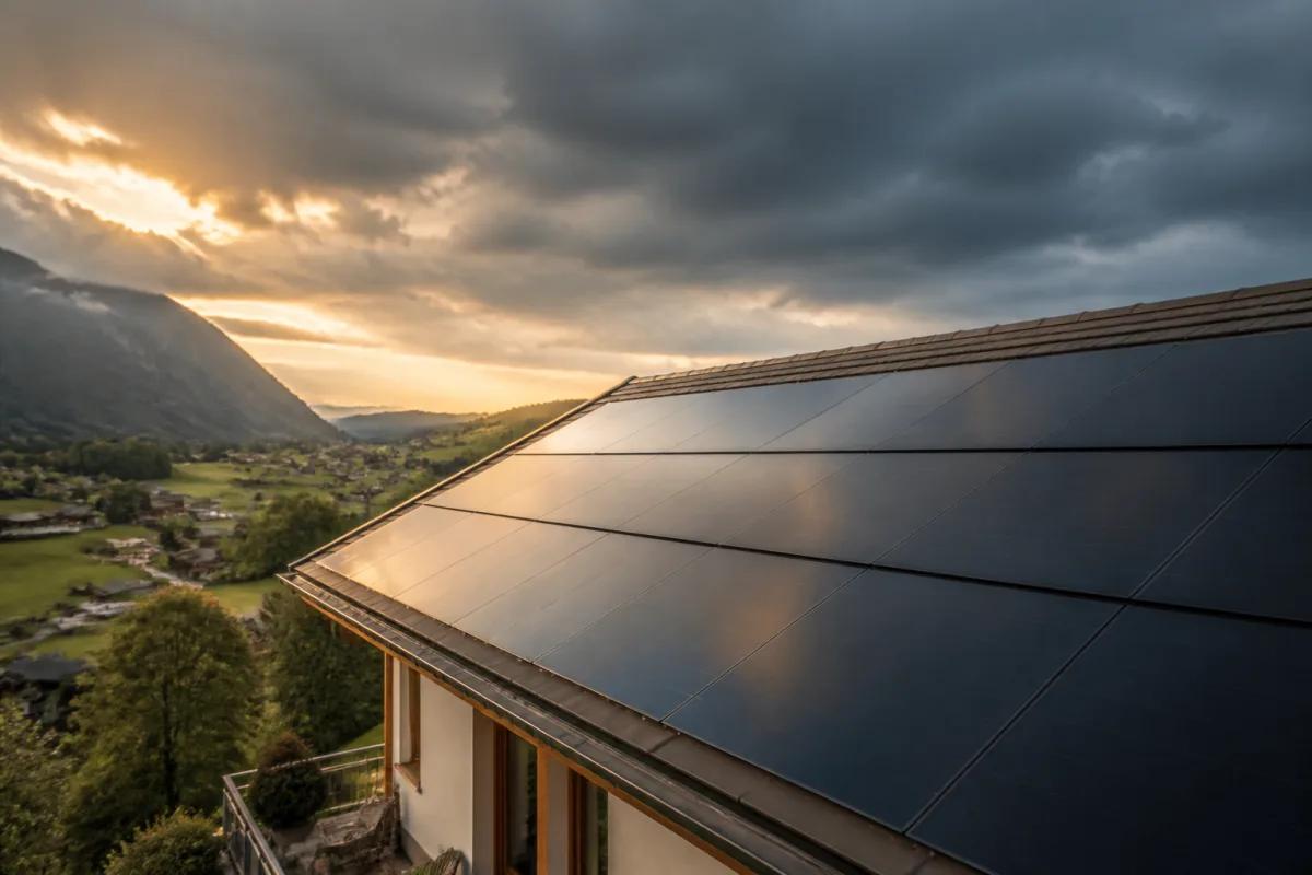 Glas-Glas-Solarmodule auf einem Schweizer Dach unter einem dramatischen Gewitterhimmel