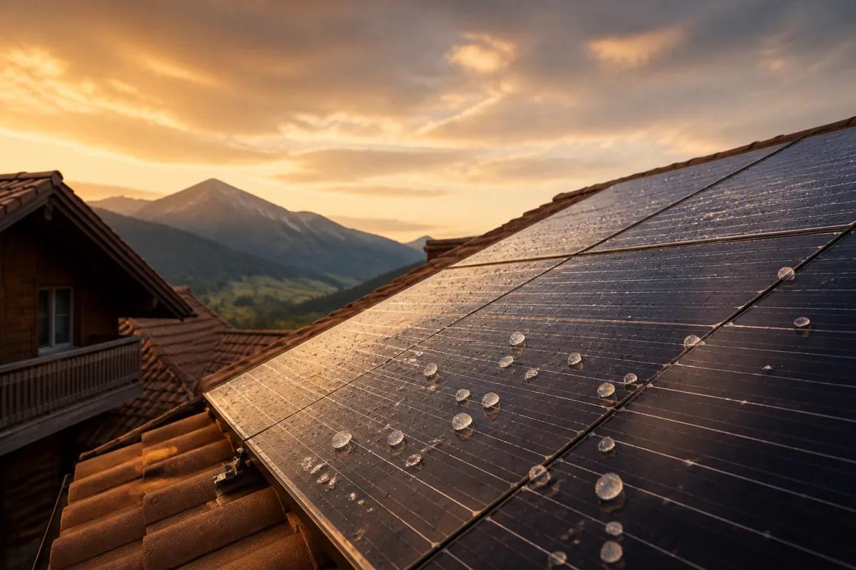 Hagelkörner und ein Solarmodul als symbolische Prüfung der Dachanlage