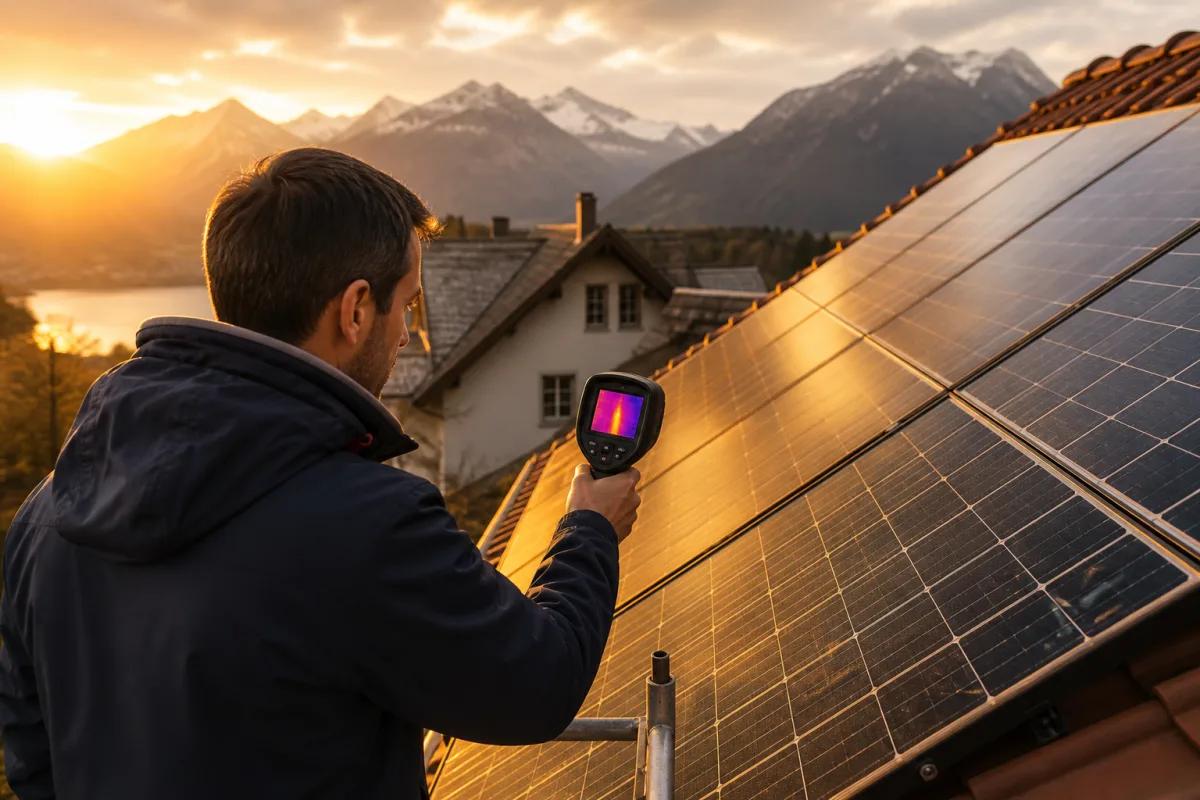 Techniker prüft Solarmodule mit einer Wärmebildkamera nach einem Unwetter