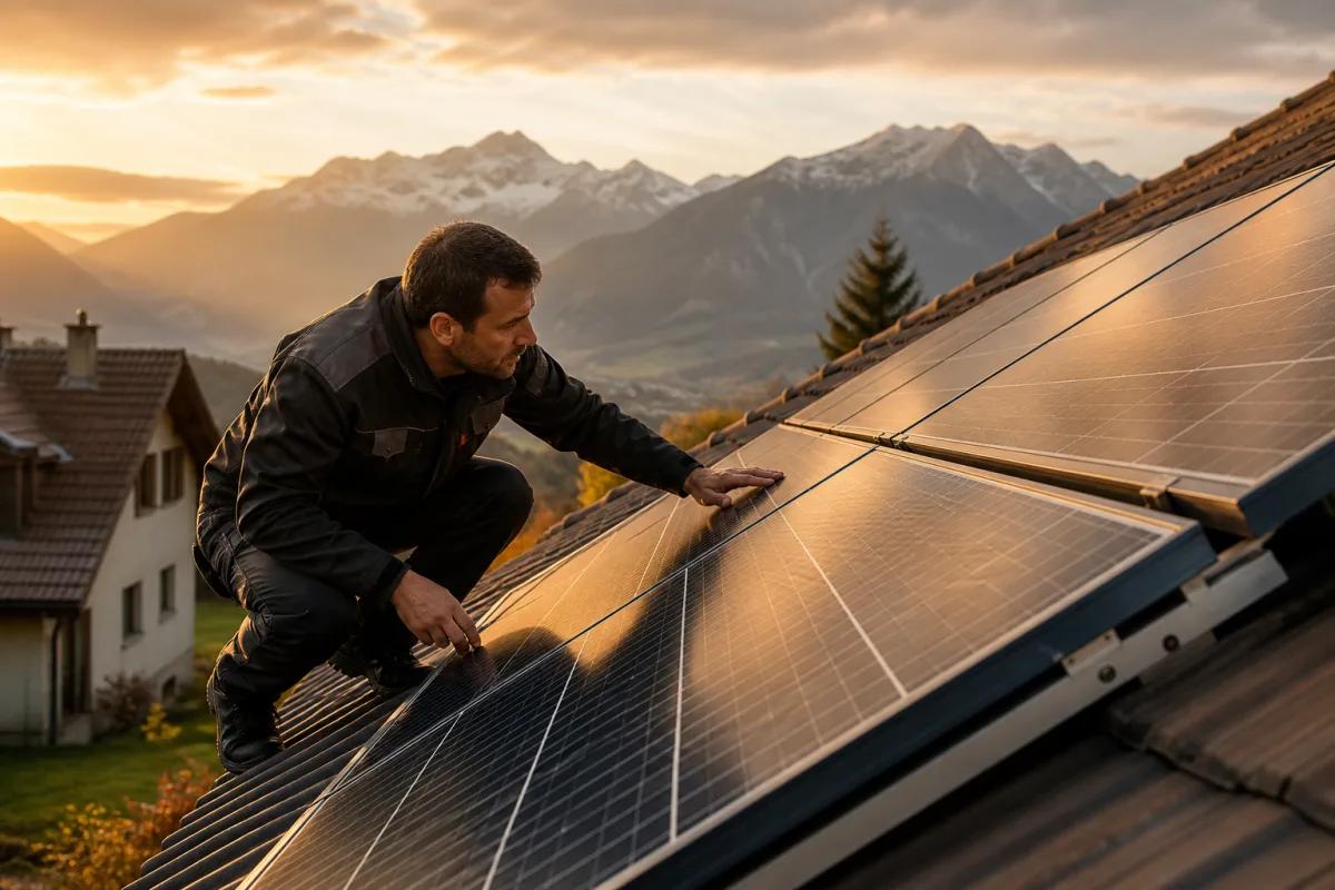 Installateur kontrolliert Rahmen, Glas und Befestigung eines hagelbeständigen Moduls