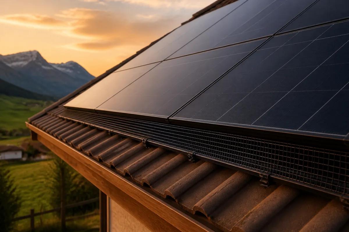 Solarmodule auf einem Schweizer Hausdach mit sauberem Vogelschutzgitter am Rand