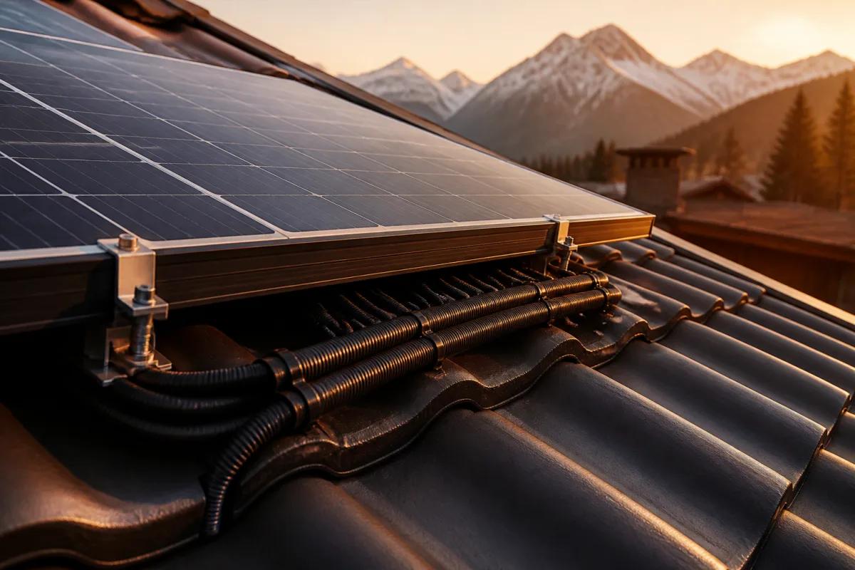Mardersichere Kabelschutzschläuche und Solarleitungen unter einem Modulrahmen