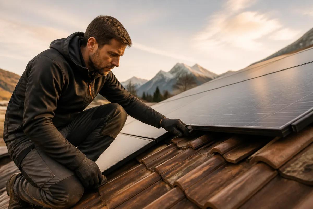 Installateur kontrolliert den Spalt zwischen Solarmodul und Dachziegeln