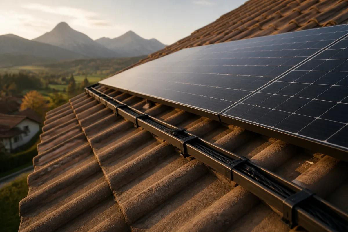 Solarleitungen in einem geschützten Kabelkanal auf einem Schweizer Dach