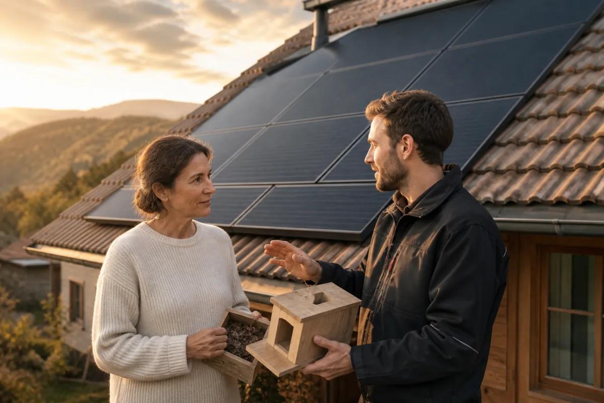 Hauseigentümer bespricht Marder- und Vogelschutz mit einem Solarinstallateur