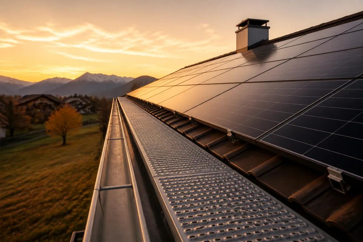 Saubere Dachrinne und zugänglicher Wartungsbereich neben einer Solaranlage