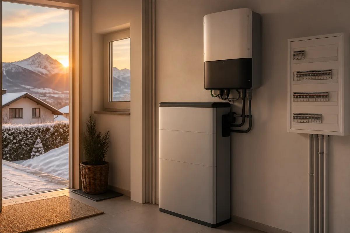 Batterie solaire domestique installée dans un local technique suisse près d'un tableau électrique