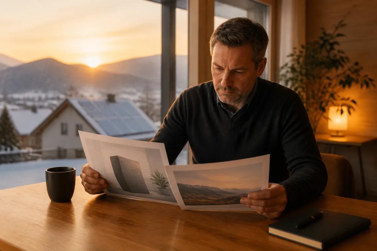 Propriétaire comparant deux offres de batterie et de stockage solaire sur une table
