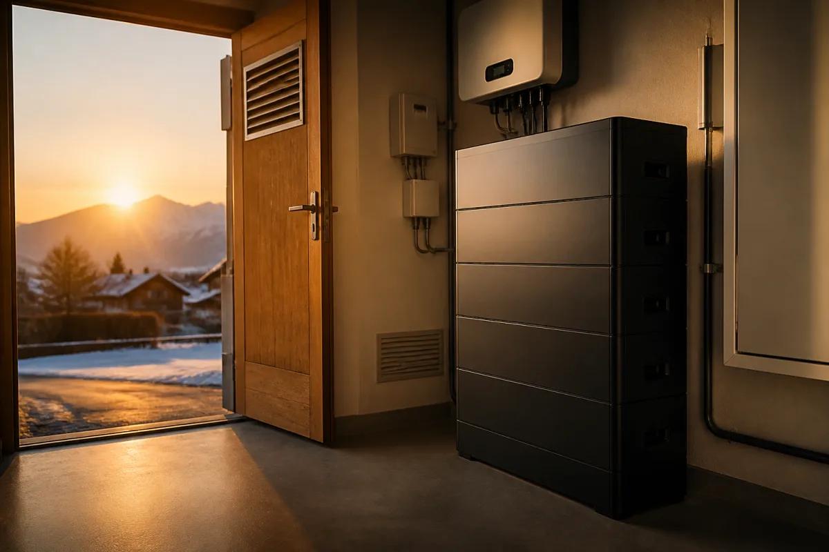 Batterie LFP murale et onduleur dans un garage propre d'une maison suisse