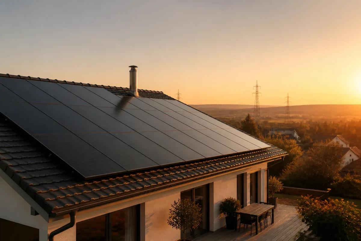 Maison suisse produisant de l'électricité solaire en été avec un réseau de distribution en arrière-plan