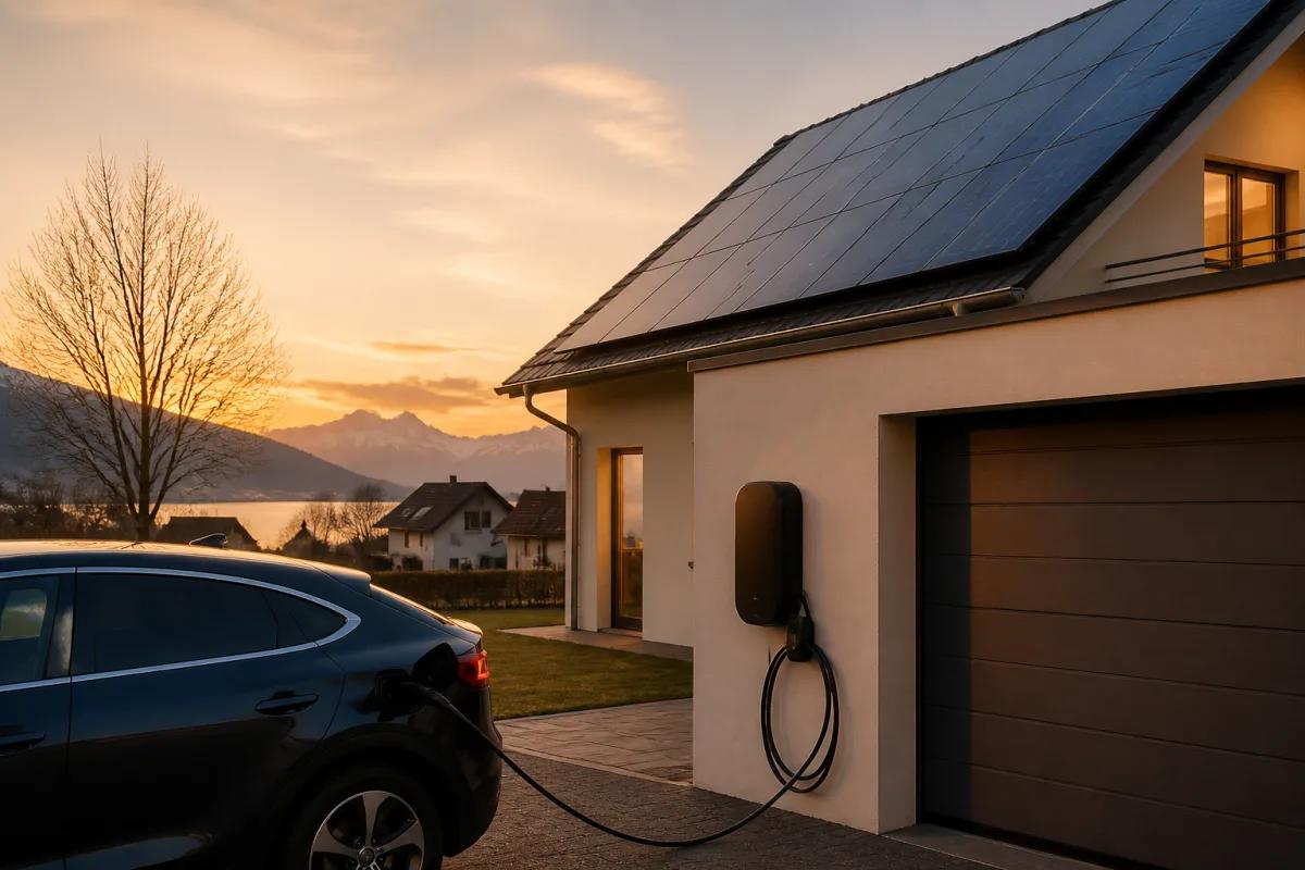 Voiture électrique branchée à une borne et panneaux solaires sur une maison au crépuscule