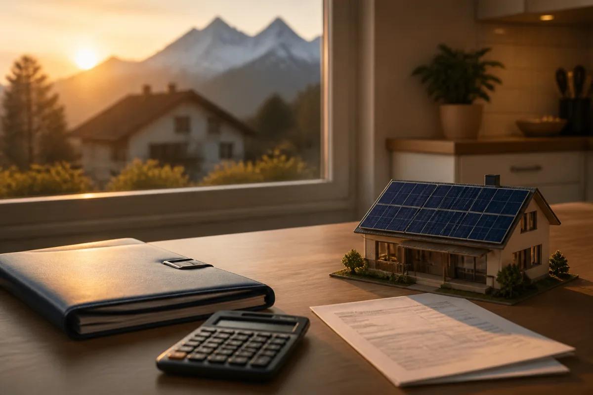 Contrat de stockage énergétique et calculatrice sur un bureau éclairé par le soleil
