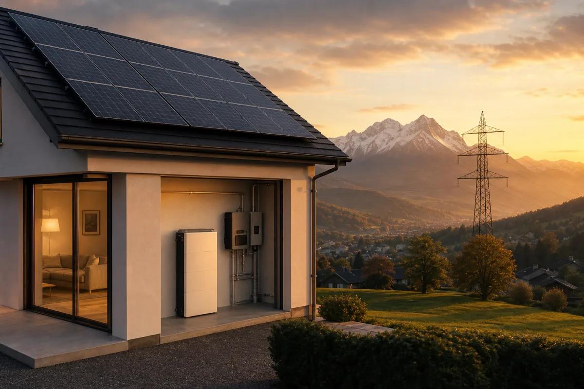 Installation solaire avec batterie et réseau public visibles dans un paysage alpin