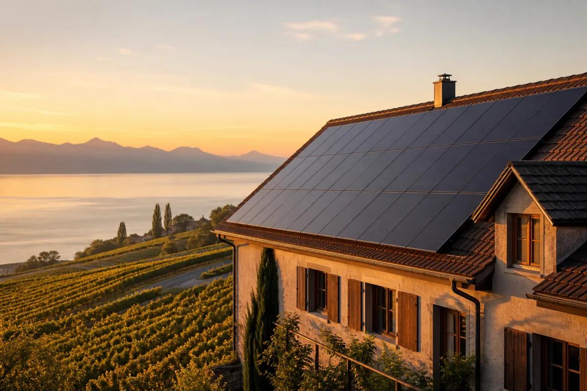 Maison vaudoise avec panneaux solaires au-dessus d'un paysage de vignobles et du lac Léman