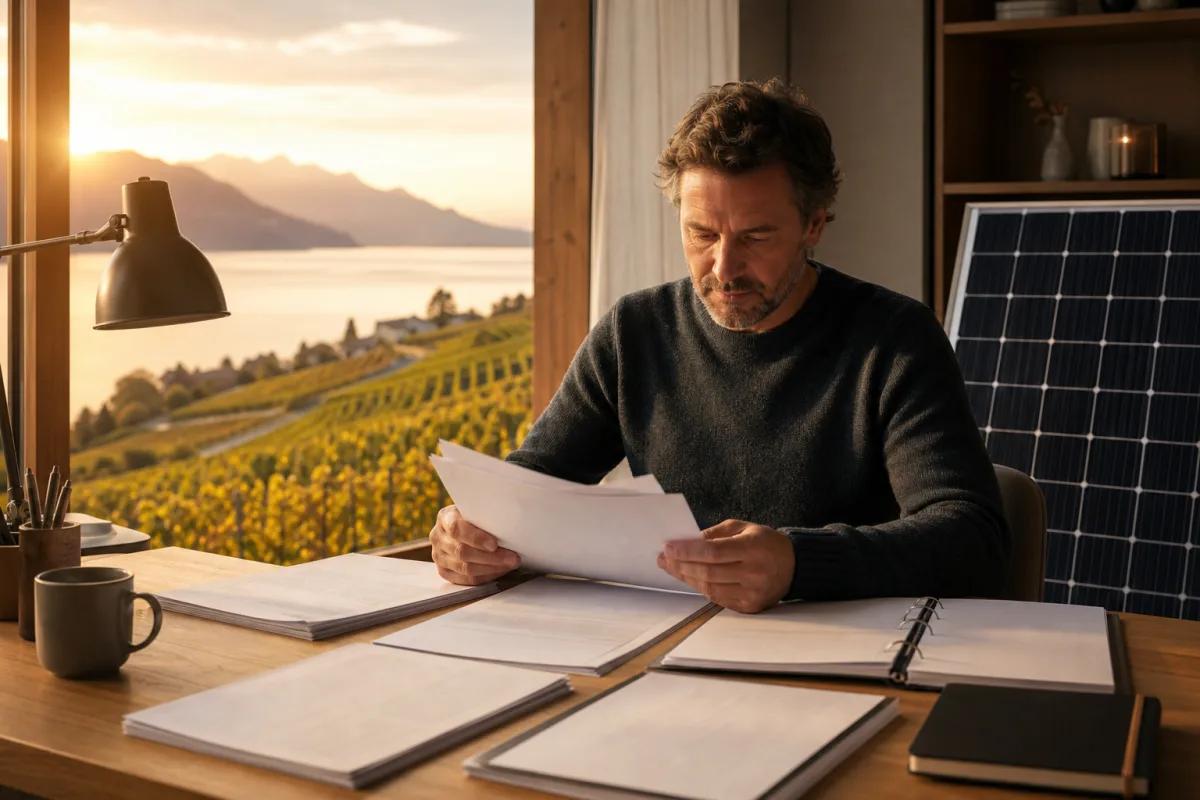 Propriétaire préparant un dossier de subvention solaire dans le canton de Vaud