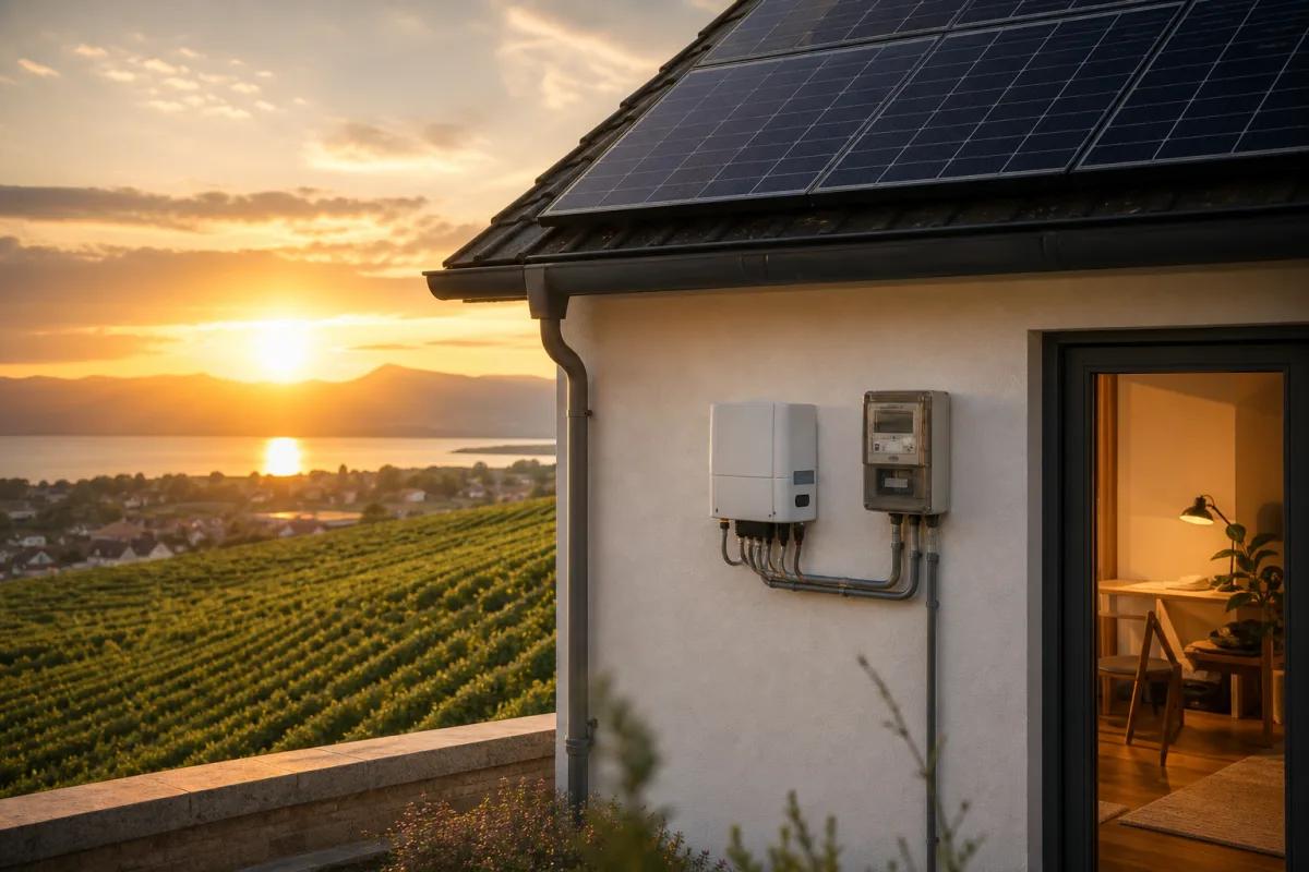 Installation solaire sur une maison vaudoise avec compteur et raccordement visibles