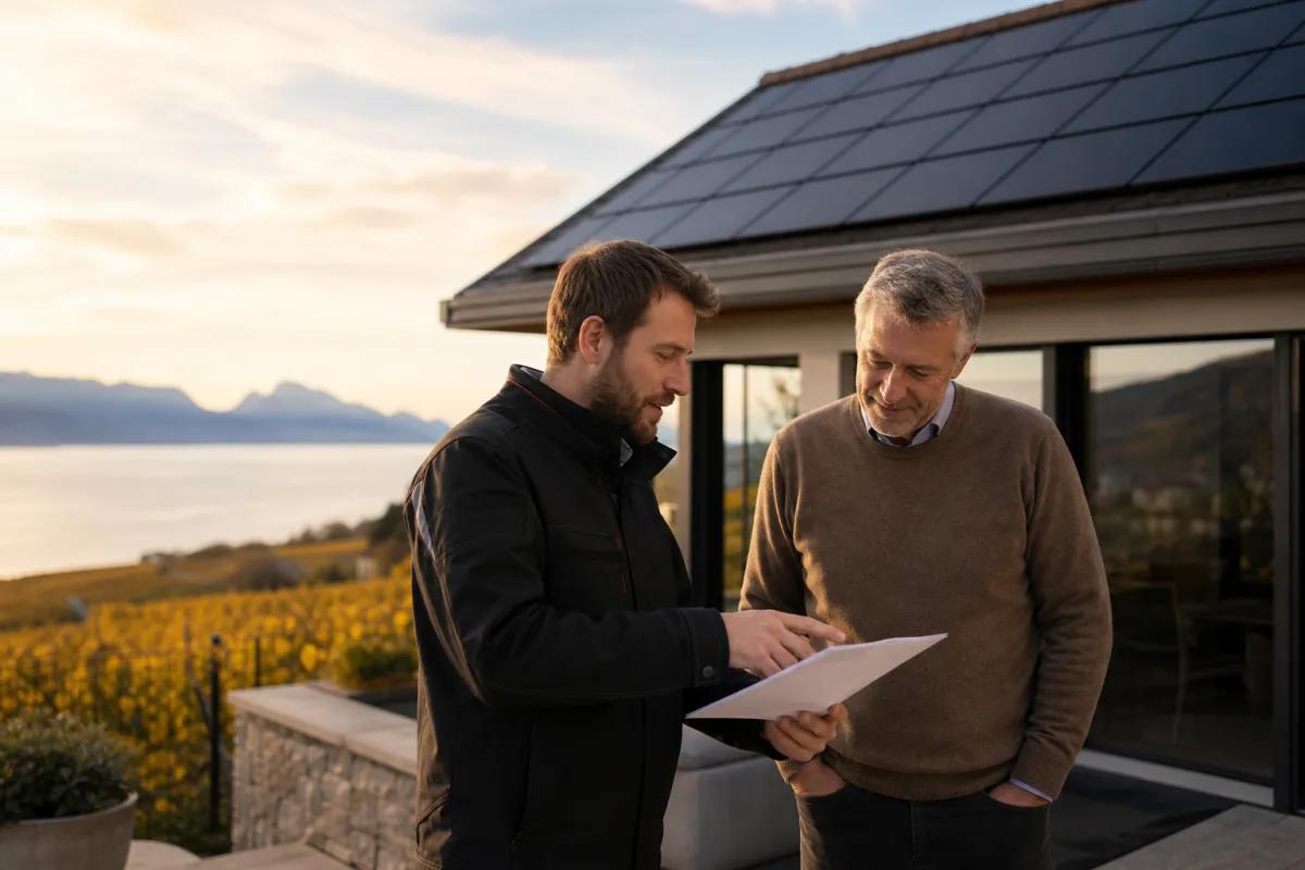 Installateur expliquant le calendrier d'une demande de subvention à un propriétaire vaudois