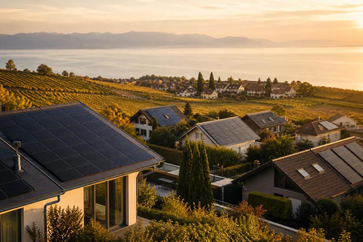 Quartier résidentiel vaudois avec plusieurs toits solaires sous une lumière dorée