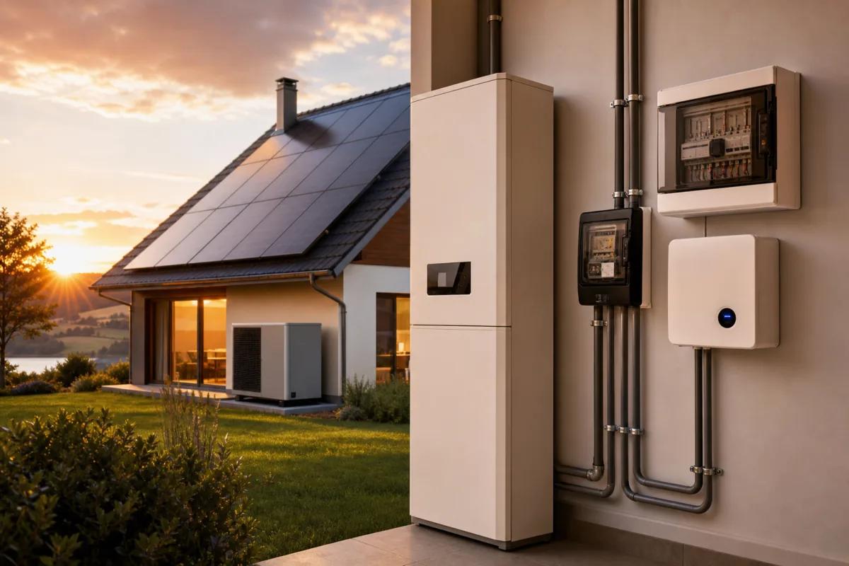 Pompe à chaleur et panneaux solaires pendant une journée d'hiver