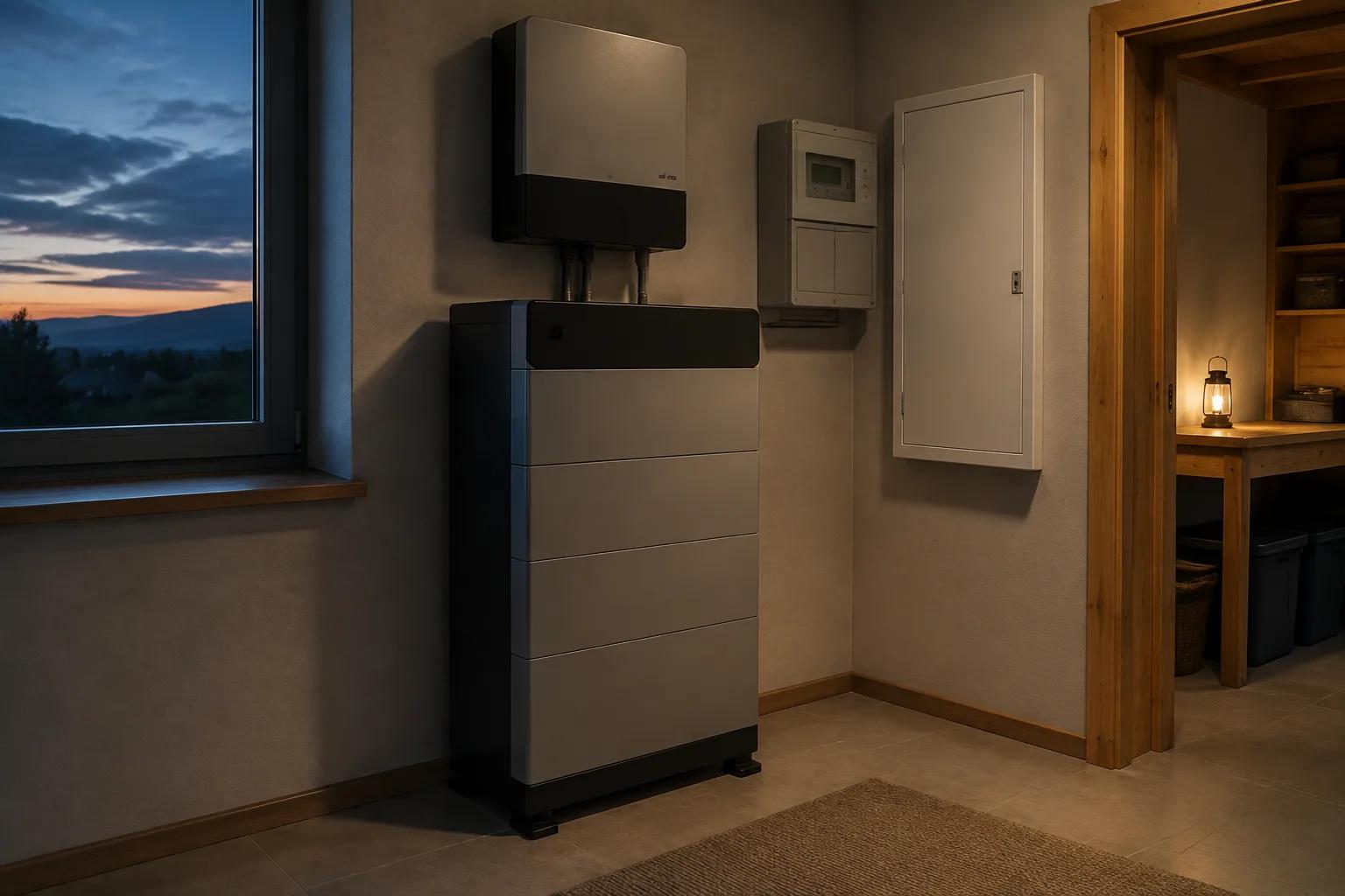 Heimspeicher und Stromzähler in einem Haus bei Dämmerung
