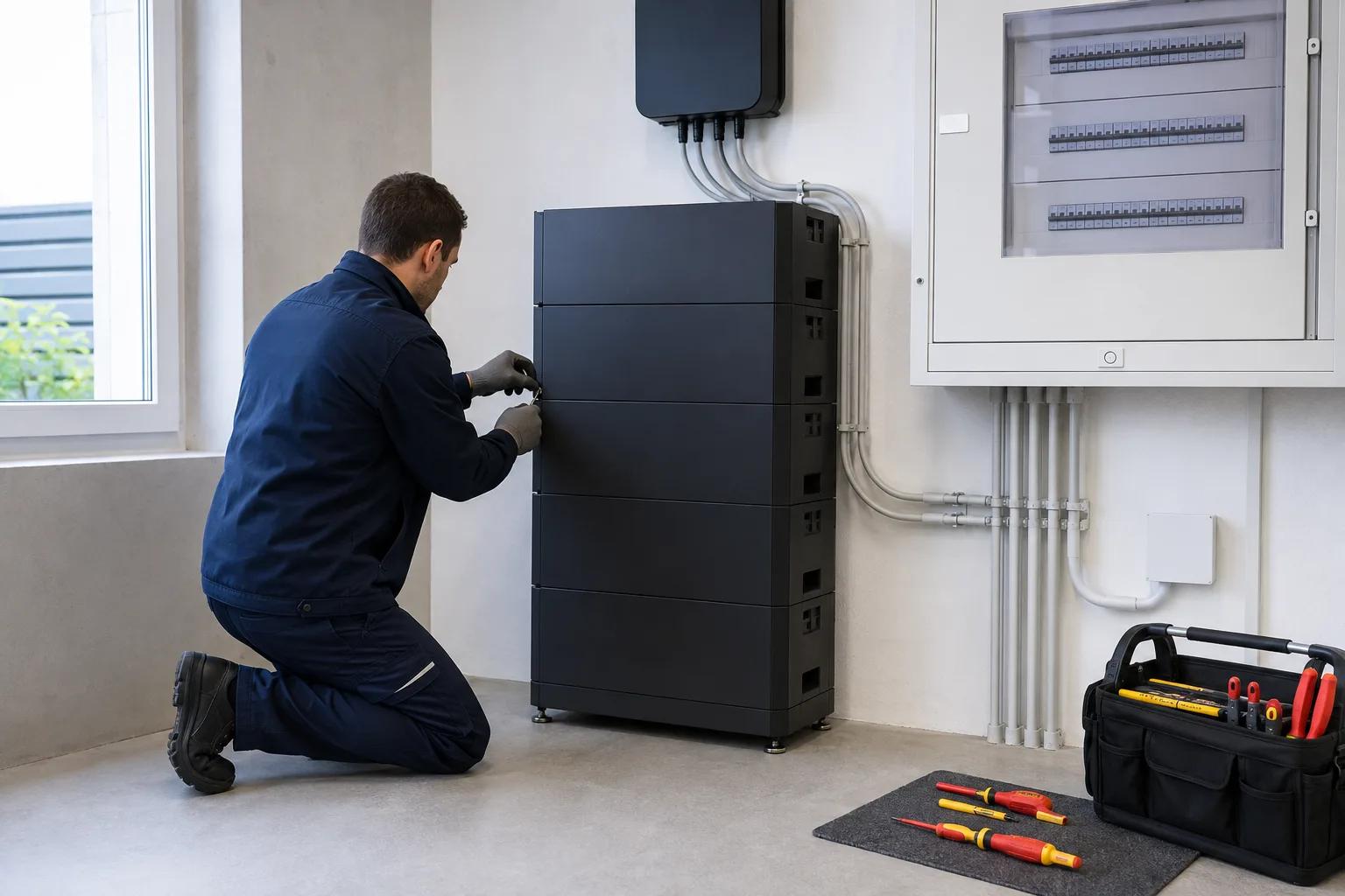 Elektrofachperson installiert Batteriespeicher und Energiemanagement