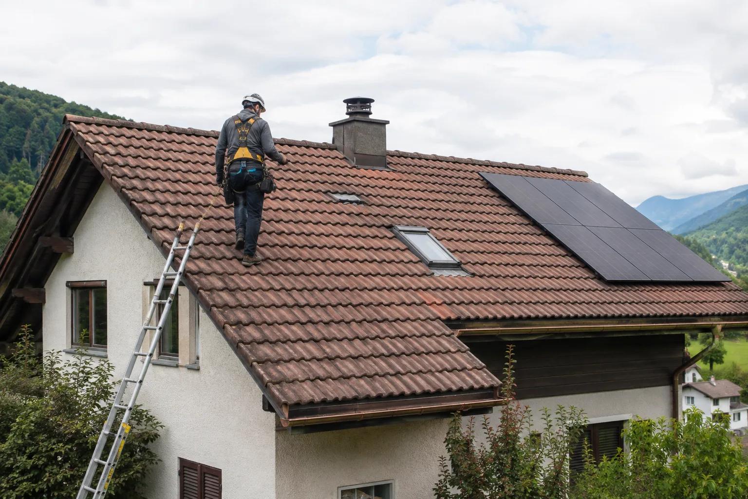 Dachfachperson prüft ein Dach vor der Montage von Photovoltaikmodulen