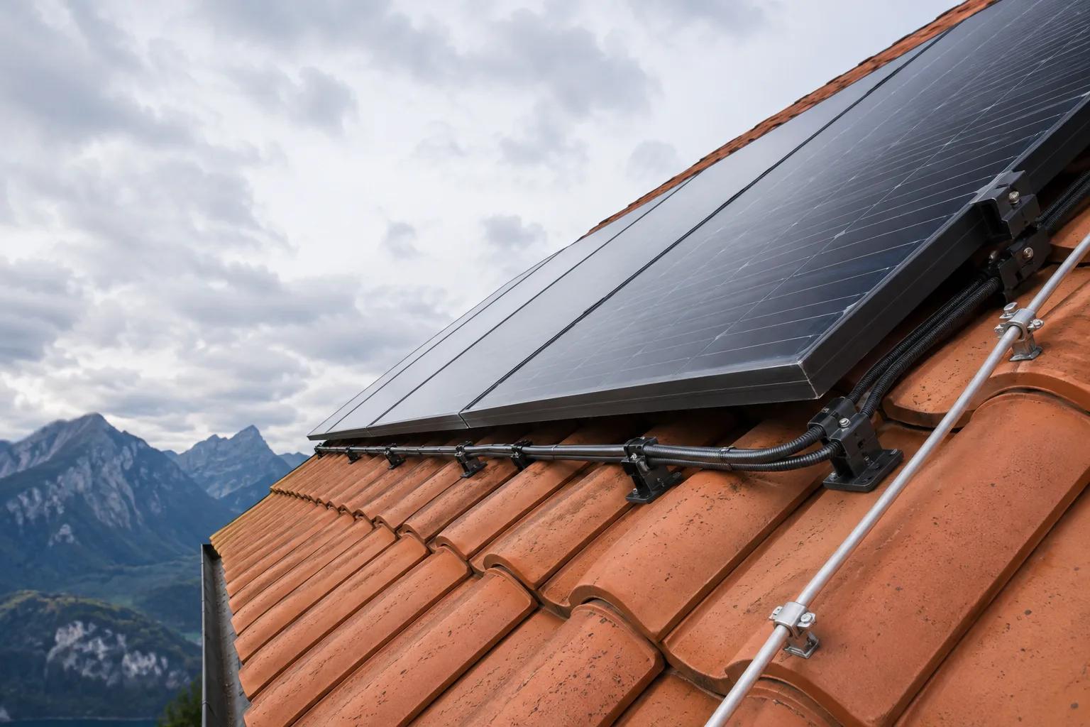 Câbles solaires soigneusement guidés près d'une toiture avec conducteur de foudre