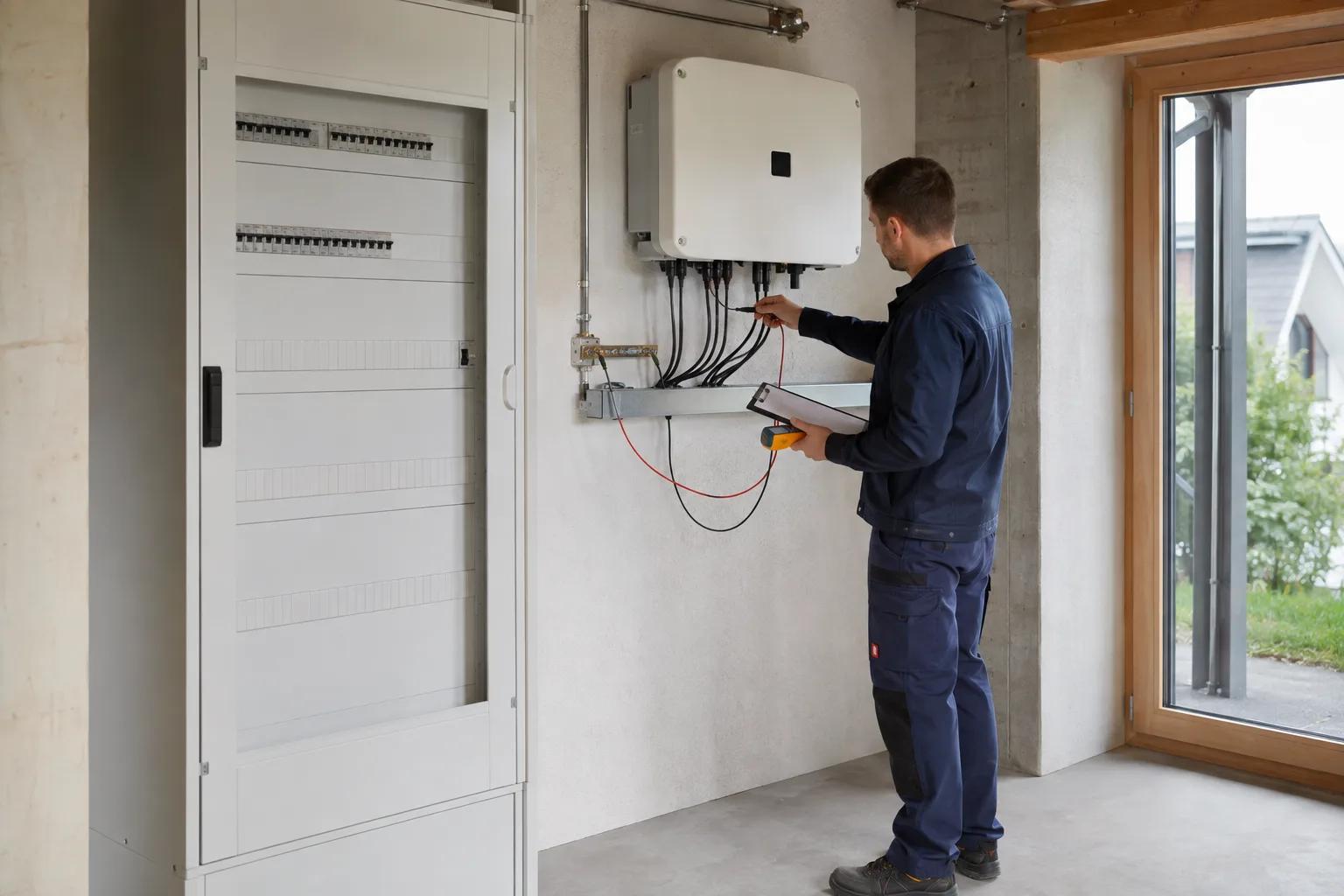 Électricien mesurant la mise à la terre d'une installation photovoltaïque suisse