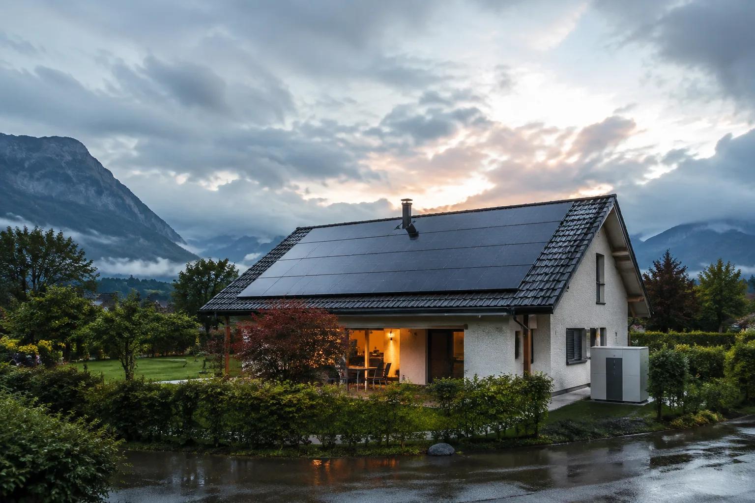 Maison suisse sous un ciel d'orage avec installation photovoltaïque sécurisée