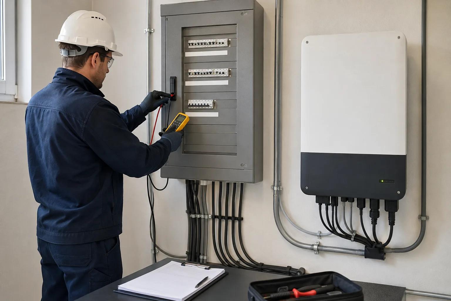 Elektrofachperson misst die Spannung an der Verteilung eines Solarhauses