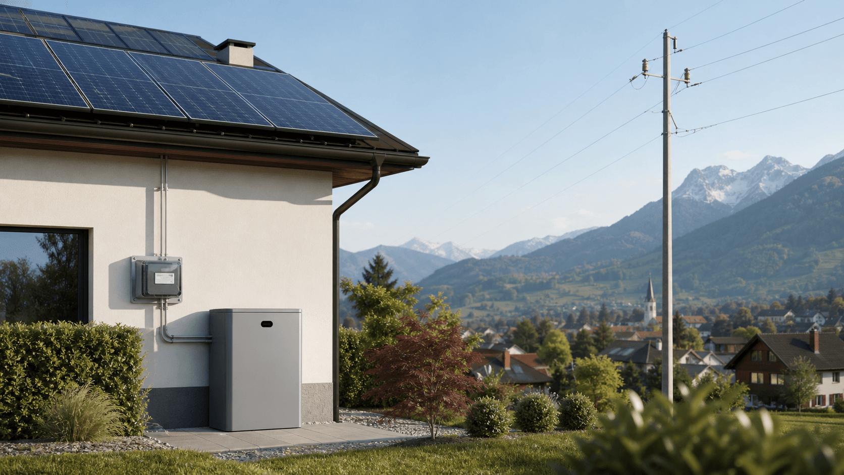 Schweizer Wohnhaus mit Photovoltaik, Batteriespeicher und Netzanschluss in einer Berglandschaft