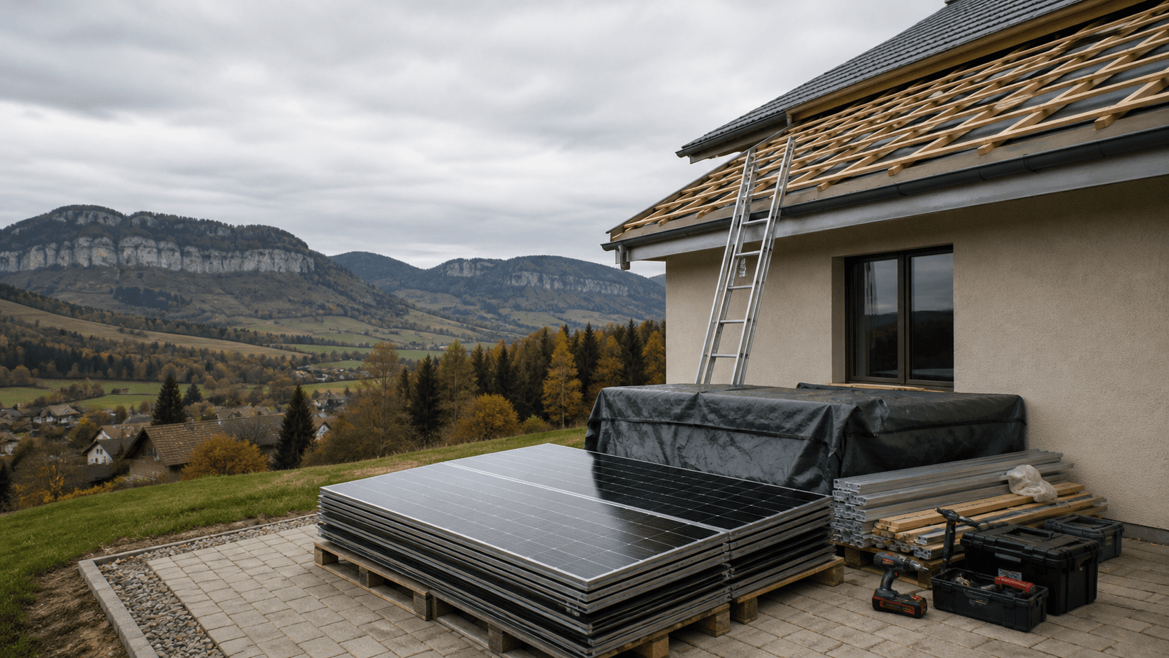 Panneaux solaires stockés sous protection devant un toit suisse en préparation dans le Jura