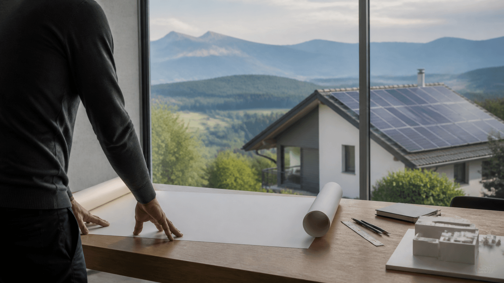 Leerer Installationsplan auf einem Tisch vor einem Schweizer Haus mit Solarmodulen