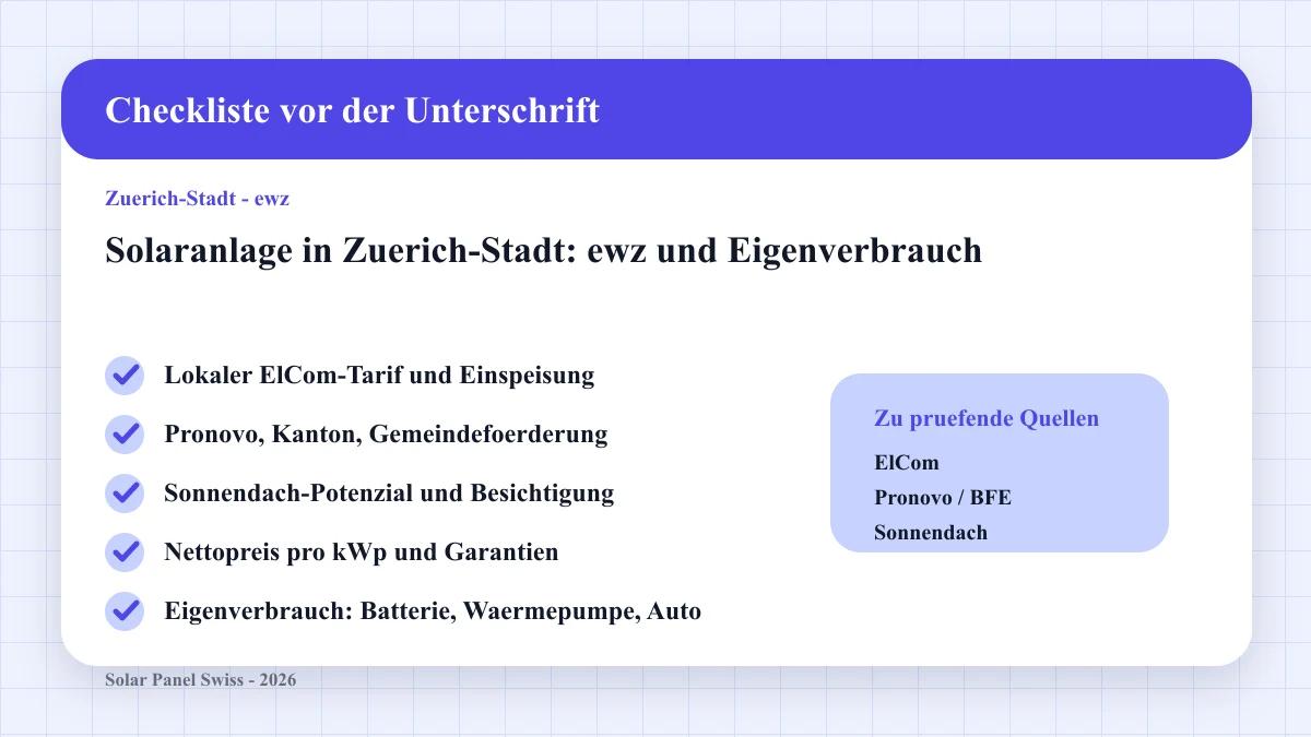 Prüfliste für Eigenverbrauch und ewz-Anschluss einer Zürcher Solaranlage