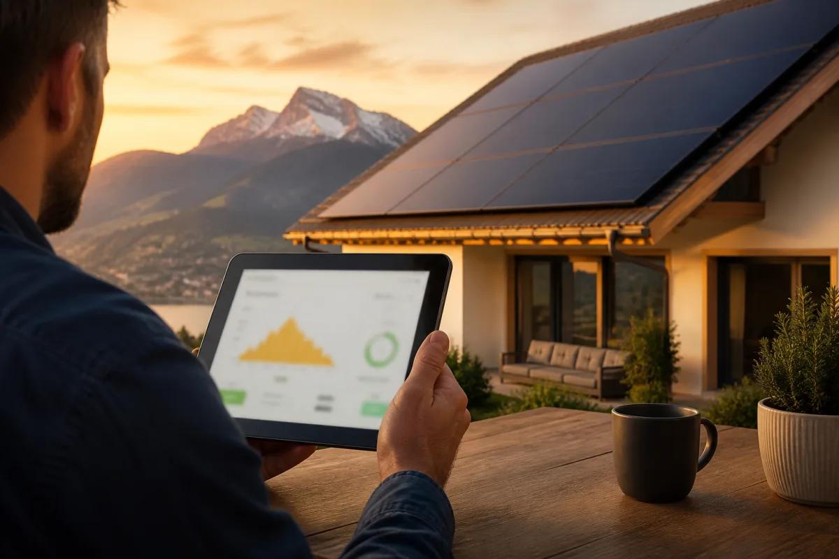 Tablette affichant un tableau de production solaire près d'une maison suisse