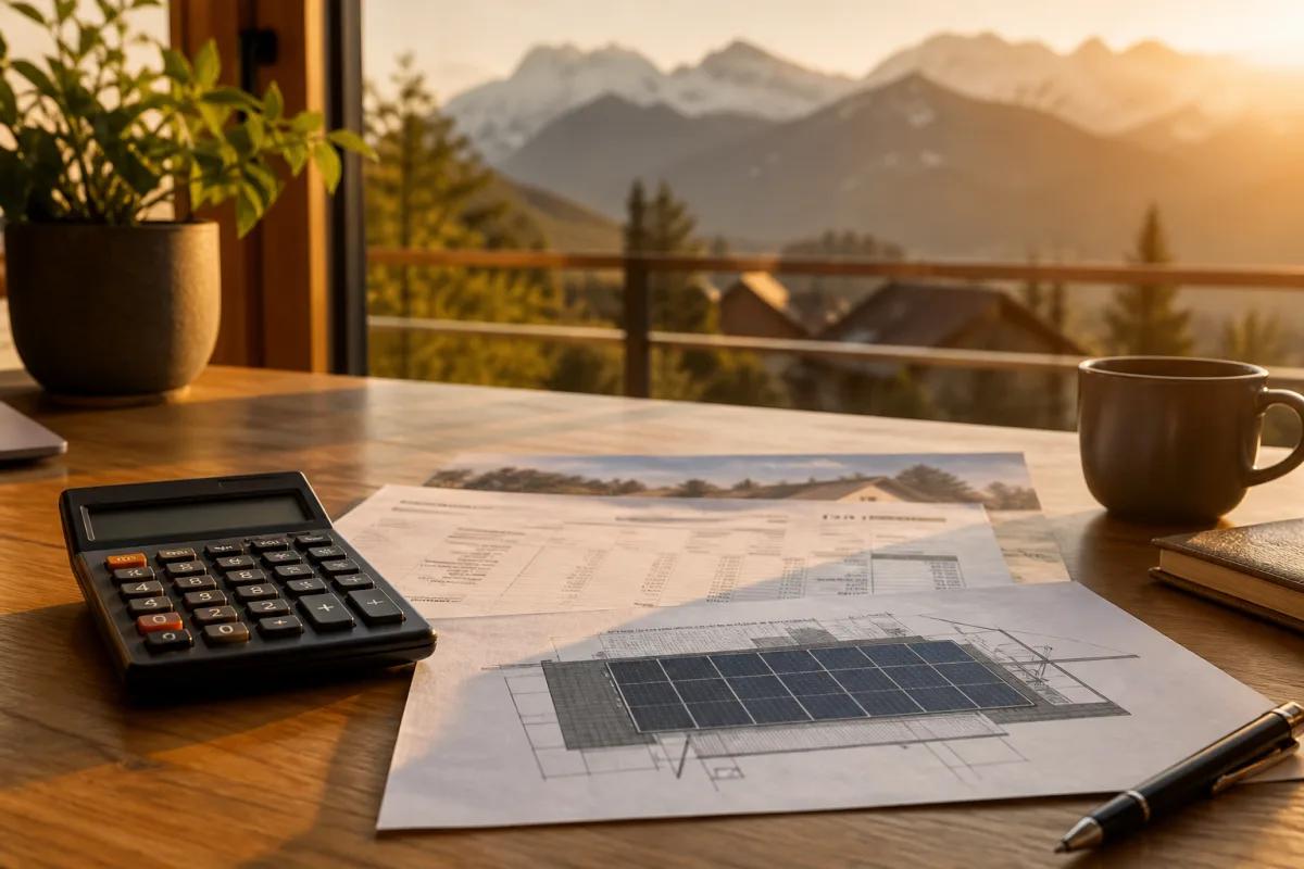 Calculatrice, facture d'électricité et plan de toiture sur un bureau en bois
