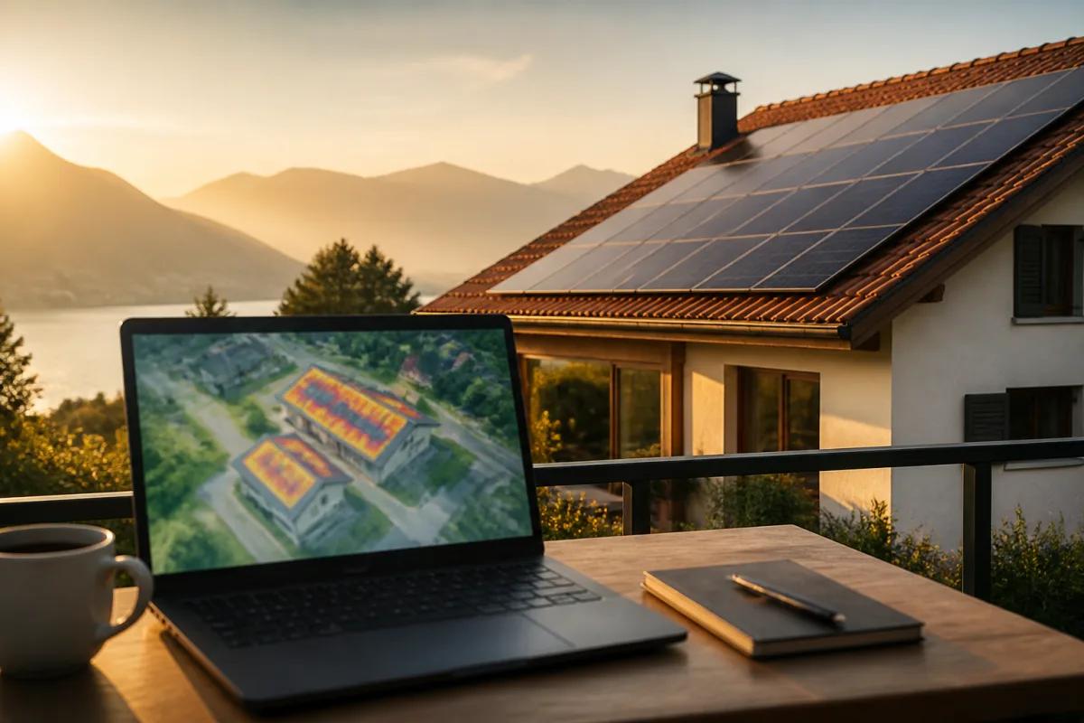 Carte de potentiel solaire d'un toit résidentiel suisse sur un écran sans texte lisible