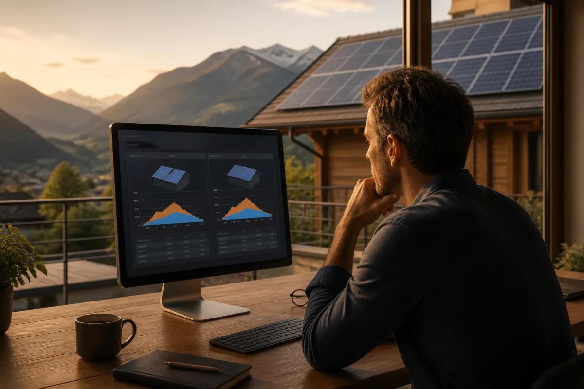 Propriétaire comparant deux scénarios de rendement photovoltaïque sur un ordinateur