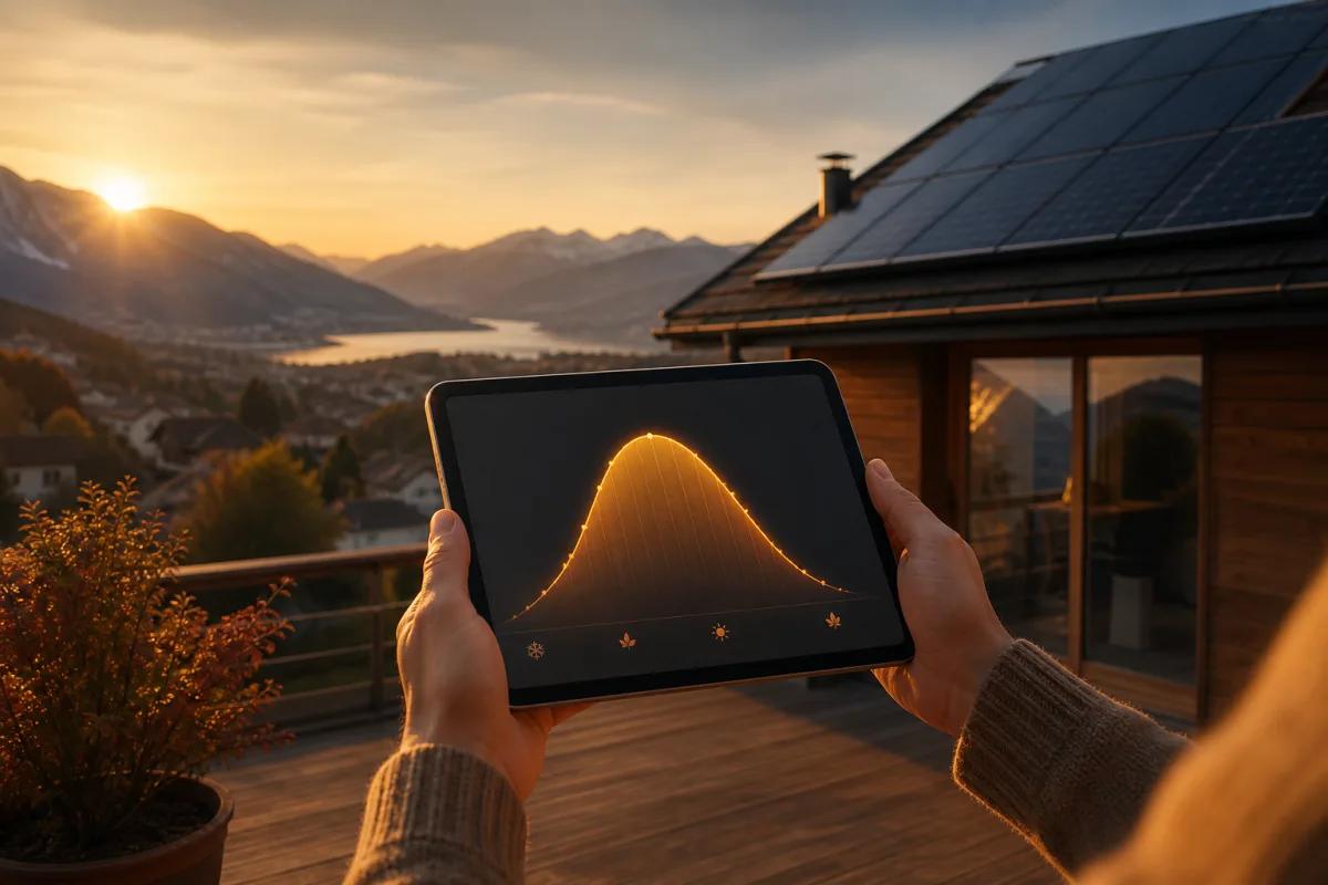 Graphique de production solaire saisonnière affiché sur une tablette au coucher du soleil