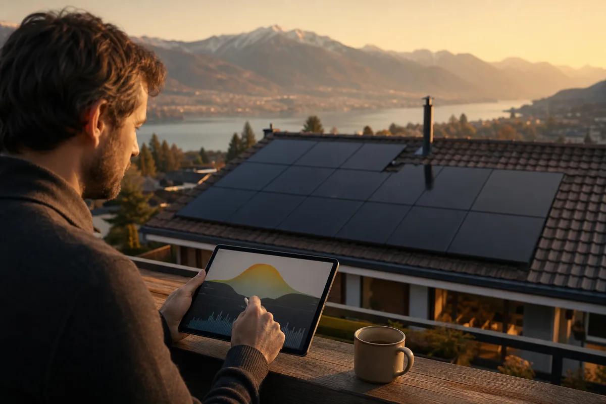 Toiture suisse observée depuis une terrasse avec une simulation énergétique ouverte