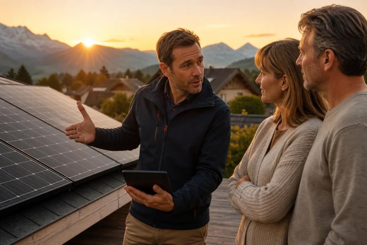 Installateur expliquant les hypothèses d'un simulateur solaire à un ménage suisse