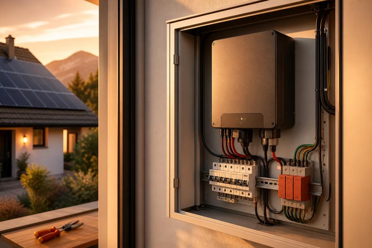 Schéma des flux entre panneaux, batterie, charges et réseau électrique