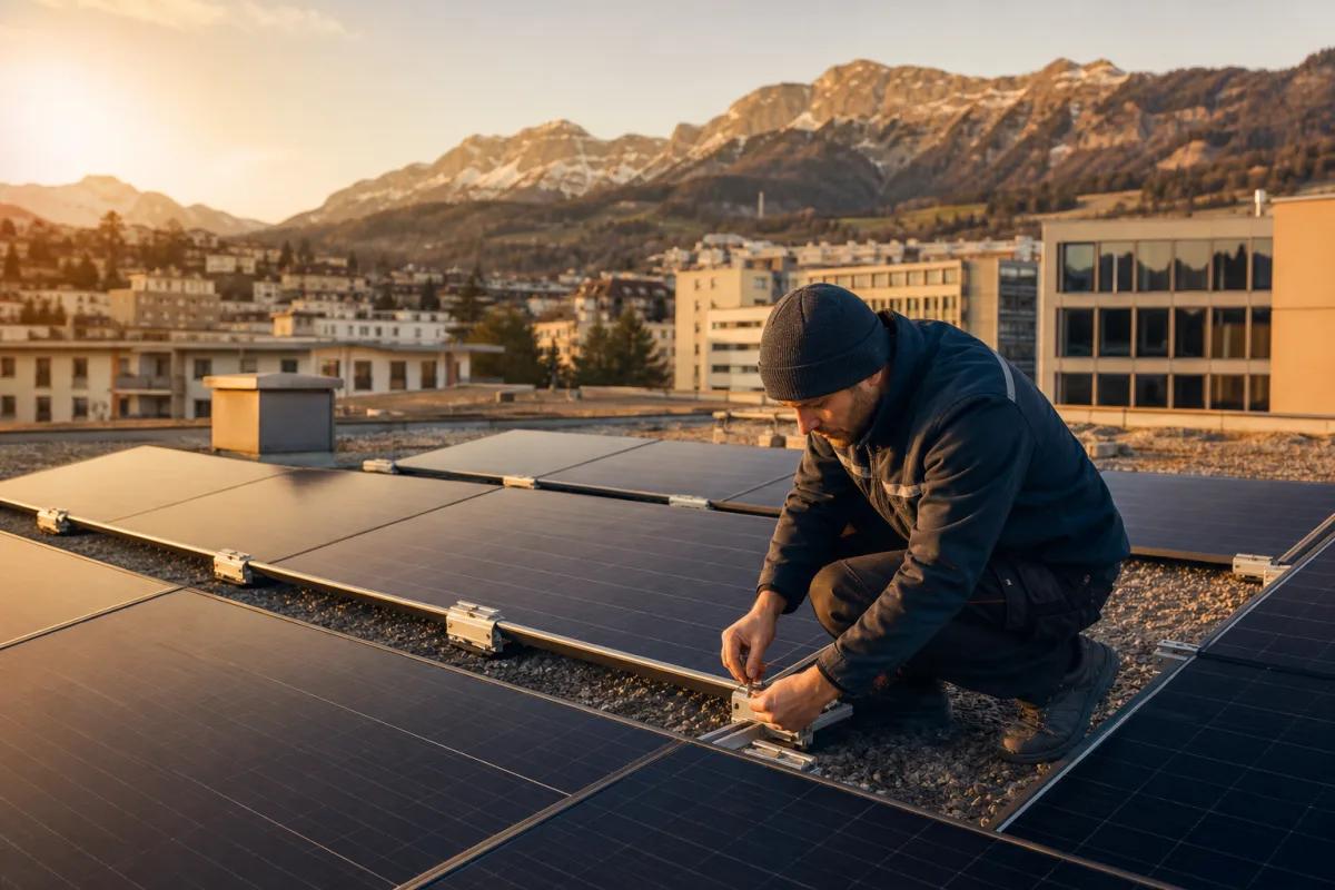 Installateur vérifiant l'inclinaison d'une toiture dans le canton de Neuchâtel