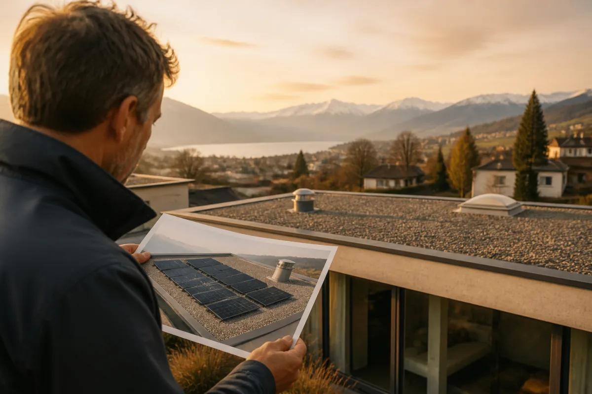 Toiture photovoltaïque sous la neige avec relief jurassien en arrière-plan