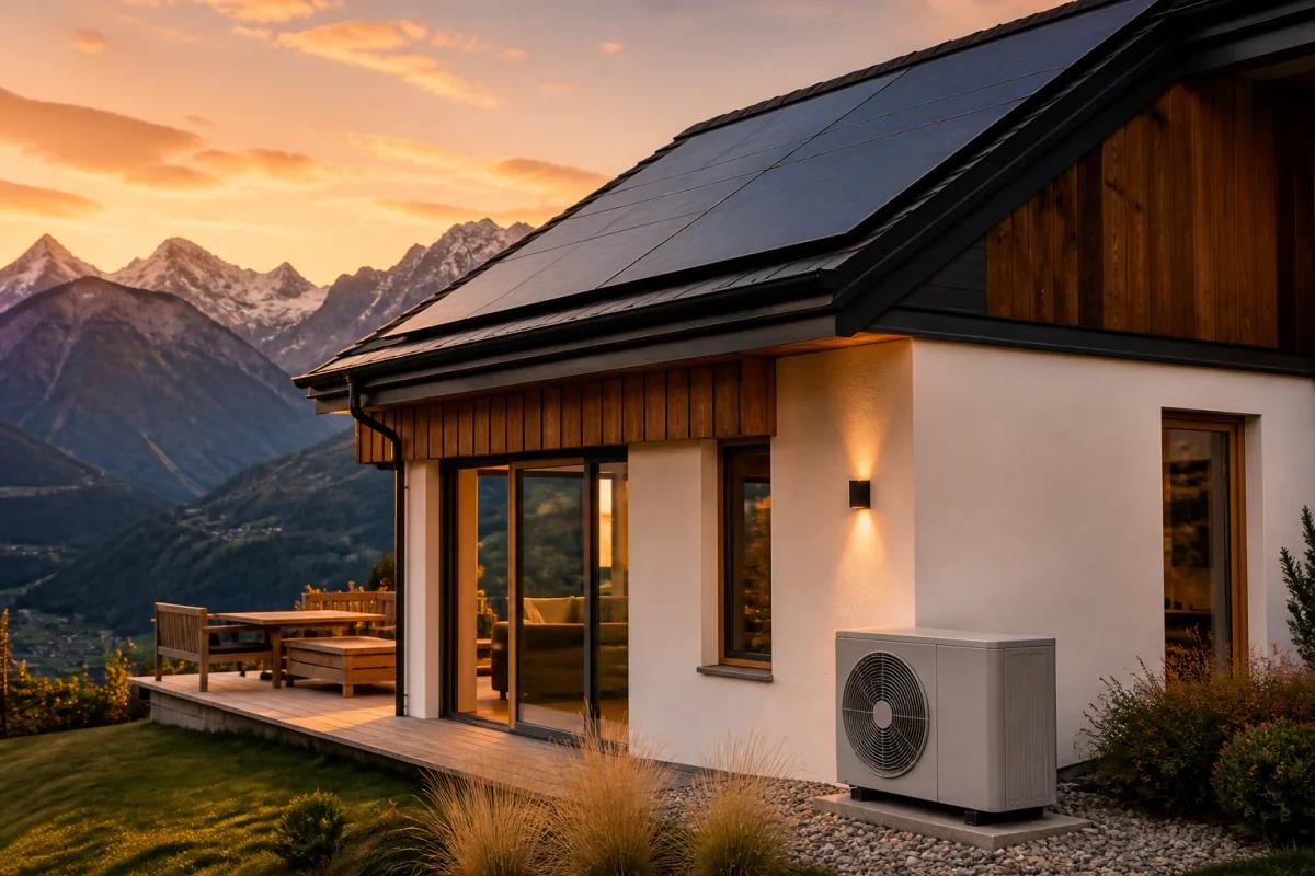 Schweizer Einfamilienhaus mit Wärmepumpe, Solardach und Alpenlandschaft im Abendlicht