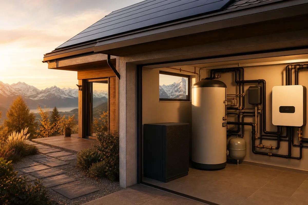 Technikraum mit Wärmepumpe, Pufferspeicher und Wechselrichter einer Solaranlage