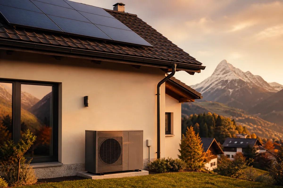 Aussengerät einer reversiblen Wärmepumpe neben einem Haus mit Photovoltaik