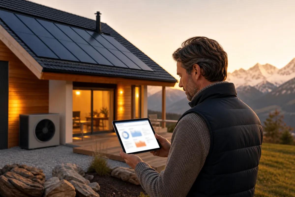 Hauseigentümer prüft eine Heizungs- und Solarstromsimulation auf einem Tablet