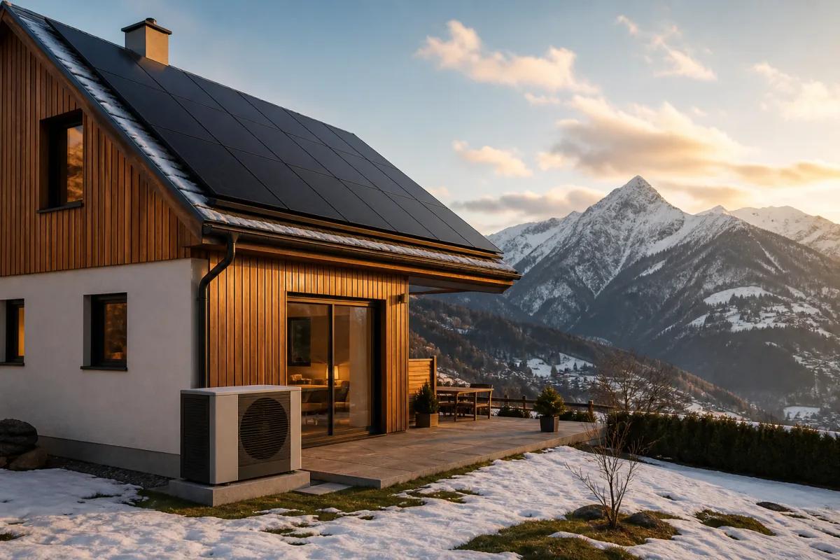 Wärmepumpenanlage im Winter mit Solarmodulen und verschneitem Schweizer Dach
